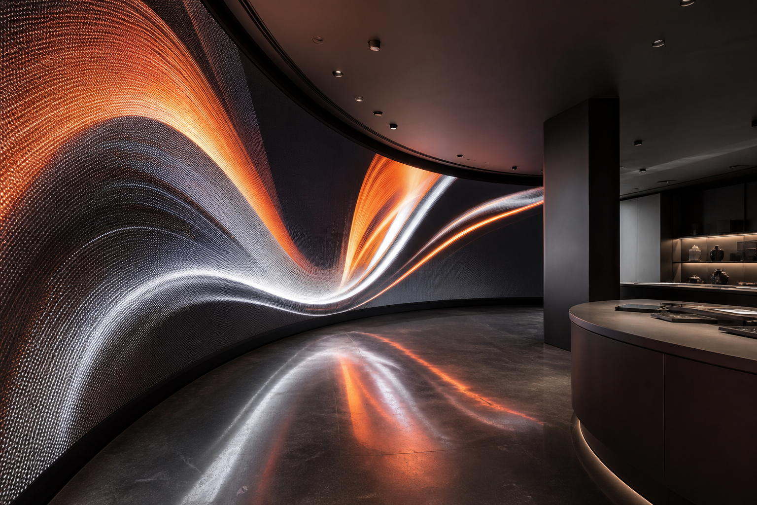 Curved LED display wall in a commercial showroom
