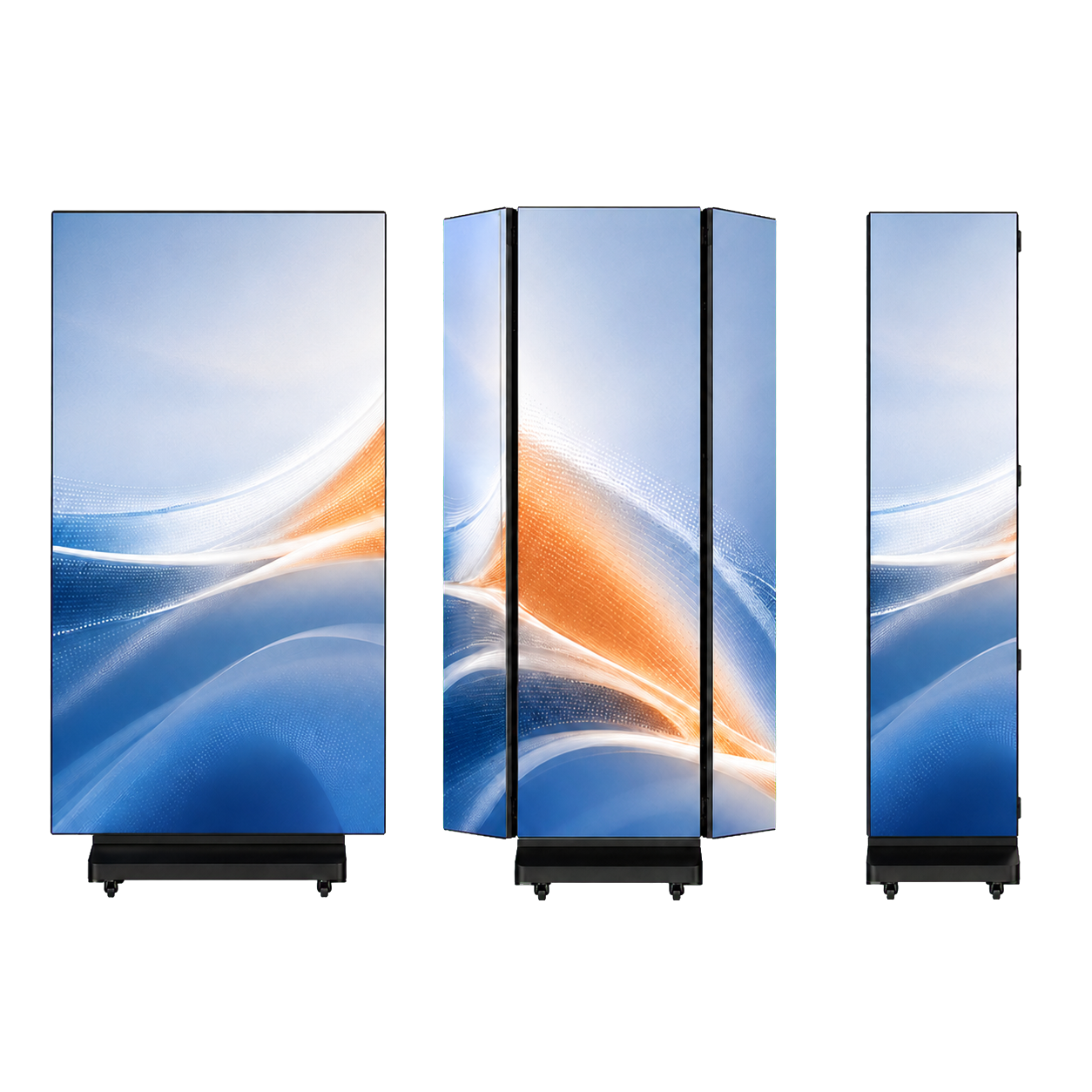 Foldable poster display in unfolded, half-folded and stored positions